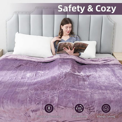 Electric Heated Blanket Queen Size 84"x90", Soft Plush Microplush for Bed, Dual Controllers & Heating Zones, 1-10Hs Auto Off & 6 Heating Levels, Machine Washable, Gifts for Family-Purple