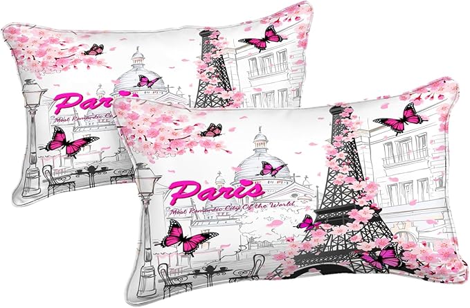 Paris Bedroom Comforter Full Pink France Bedding Comforter Full Size Bed in a Bag with Pink Sheet Set Cherry Blossom Butterfly Quilt Women Teens Girls Full Bed Set