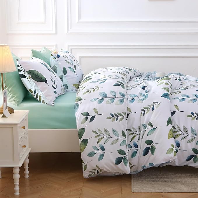 MUXHOMO Grey Green Foliage Bed in a Bag Queen 7 Pieces, Queen Comforter Set Reversible Botanical Flowers Design, Ultra Soft & Breathable Bedding Sets with Comforter, Sheets, Pillowcases & Shams
