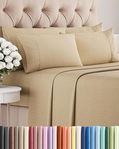 Queen 6 Piece Sheet Set - Comfy Breathable & Cooling - Soft Hotel Luxury Bedding Set with 8-16 Inch Deep Pockets - 1 Flat & 1 Fitted Sheet & 4 Pillowcases - Wrinkle Free & Easy Care - Heathered Tan