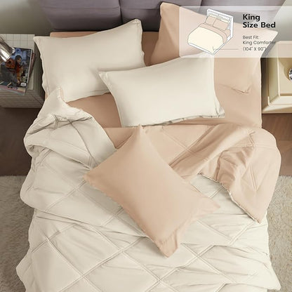 JOIEDOMI King Size Comforter Set with Sheets Beige, 7 Pieces King Bedding Set with 1 Down Alternative Comforter, 1 Flat Sheet, 1 Fitted Sheet, 2 Pillowcases and 2 Pillow Shams Bed in a Bag All Seasons