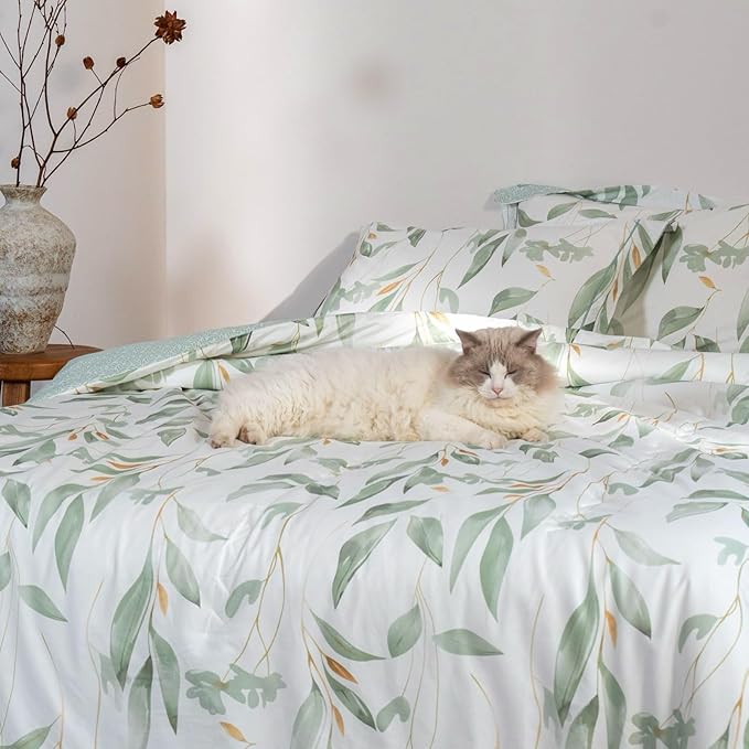 Cotton Comforter Queen Size Set – White Green Botanical Leaves Cotton Shell Bedding, Soft & Breathable, All-Season Down-Alternative Fill, Includes 1 Comforter & 2 Pillow Shams