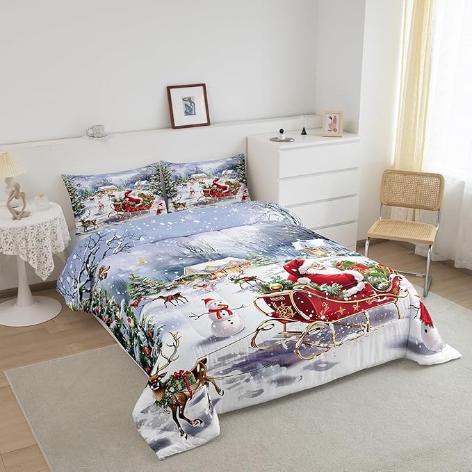 Merry Christmas Kids Bedding Set Twin Size,Santa Claus and Elk Sledge Comforter Set 2Pcs,Cute Snowman Xmas Tree Quilt Set Girls Boys Room Decor,Rustic Cabin Winter Duvet Insert,1 Pillowcase