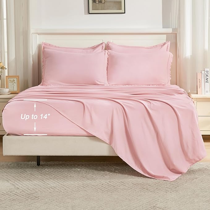 Andency Queen Comforter Set with Sheets Light Pink - 7 Pieces Boho Tassel Bed in a Bag Soft Lightweight Bedding Sets, Fringe Bed Set with Comforter, Sheets, Pillowcases & Shams