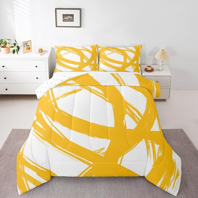 Erosebridal Yellow and White Abstarct Toddler Bedding Set,Aesthetic Geometric Comforter Set for Minimalists,Graffiti Stripes Lines Quilt,Contemporary Boho Modern Art Duvet Insert for Minimalism