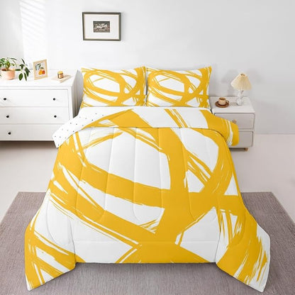 Erosebridal Yellow and White Abstarct Queen Comforter Set for Adult Women Men, Geometric Striped Bedding Set for Minimalists,Graffiti Aesthetic Lines Quilt,Contemporary Boho Modern Art Duvet Insert