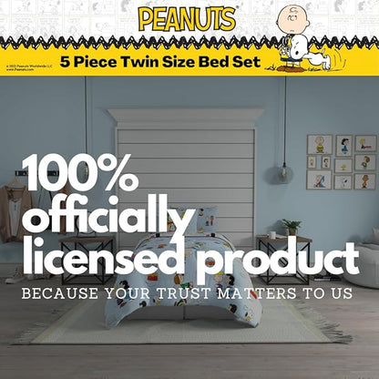 Peanuts Charlie Brown, Snoopy & Gang Bedding, 5 Piece Super Soft Cozy Reversible Comforter and Sheet Set with Sham, Twin, (100% Official Licensed Product) by Franco Collectibles
