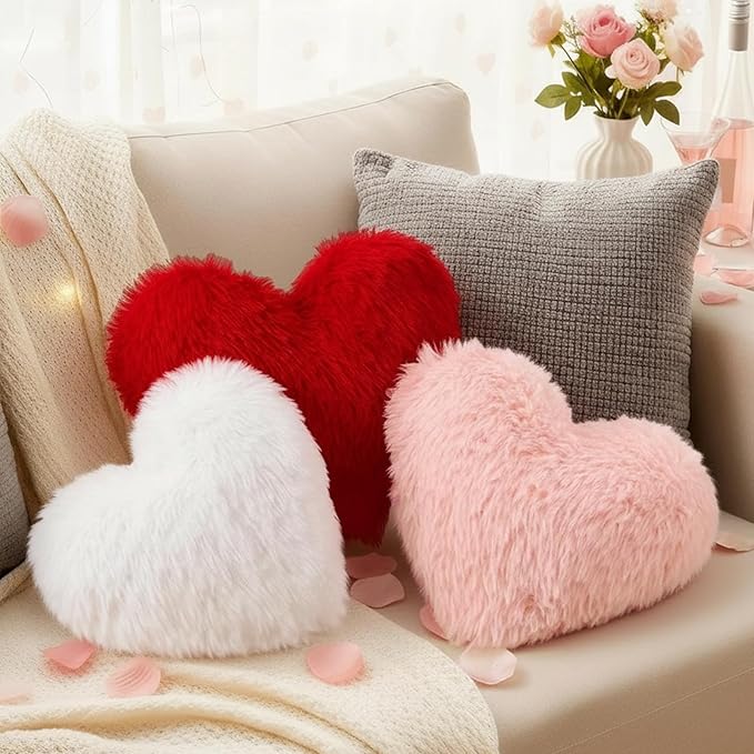 Bucherry 3 Pcs Valentine's Day Heart Throw Pillows, Red White Pink Heart Pillow Soft Decorative Back Cushion for Girls Women Bed Sofa Valentines Wedding Gifts Home Decor(Fluffy Plush,Without Ruffed)