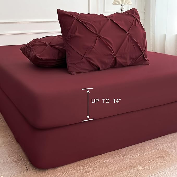 Maple&Stone Burgundy Comforter Set Queen, 7 Pieces Bed in a Bag Queen, Pintuck Bedding Sets with Comforter, Sheets, Pillowcases & Shams - Burgundy