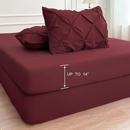 Maple&Stone Burgundy Comforter Set Queen, 7 Pieces Bed in a Bag Queen, Pintuck Bedding Sets with Comforter, Sheets, Pillowcases & Shams - Burgundy