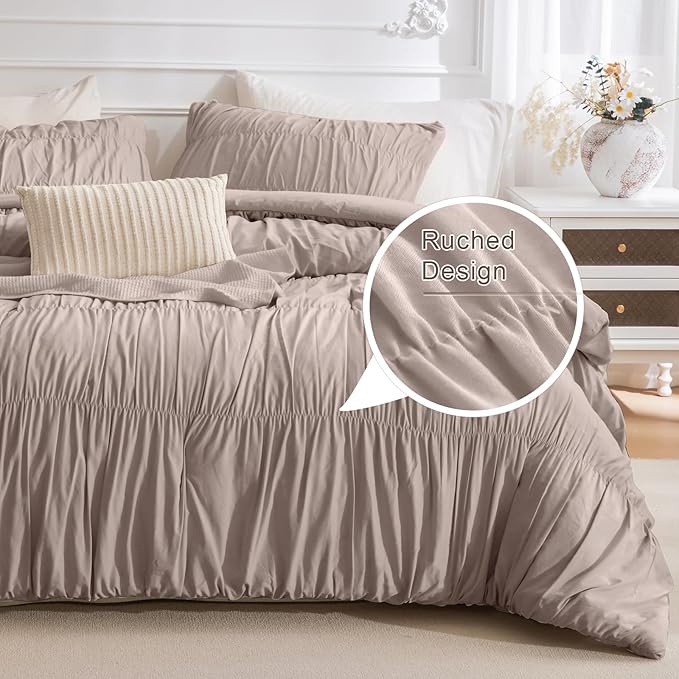 Masaca King Size Comforter Set,Taupe Ruched Ruffle King Comforter Shabby Boho Chic French Country Bedding Vintage Rustic Farmhouse Bedding Comforter Set 3 Pieces