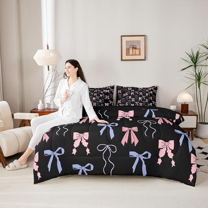 Erosebridal Bow King Comforter Set Ribbon 7-Piece Bed in A Bag Sweet Dreamy Kawaii Bowknot Fairy Sheets and Pillowcases Pink Black Bed Sets