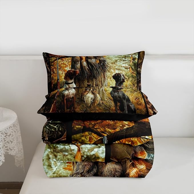 Erosebridal Pheasant Hunting Comforter Set King Size Black Dog Bedding Set Boho Farmhouse Wild Animals Down Comforter Woodland Leaves Hunter Gun Room Decor Quilt Set for Men Boys Adults Kid