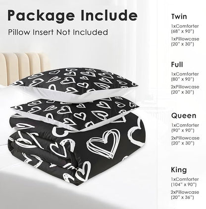 Comforter Set Full Size, Love Valentine Cute Soft 3 Pcs Bedding for Kids and Adults, Polka Heart Black White Comforter Set with 2 Pillowcases, for Bedroom Bed Decor