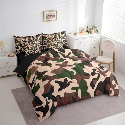 Erosebridal Duck Hunter 7 Piece Comforter Set King Size Camo Bedding for Kids Army Camouflage Hunting Bed in A Bag Sheet Set Vintage Green Black Bedroom Decor Wild Animal Duck Rustic Bed Set