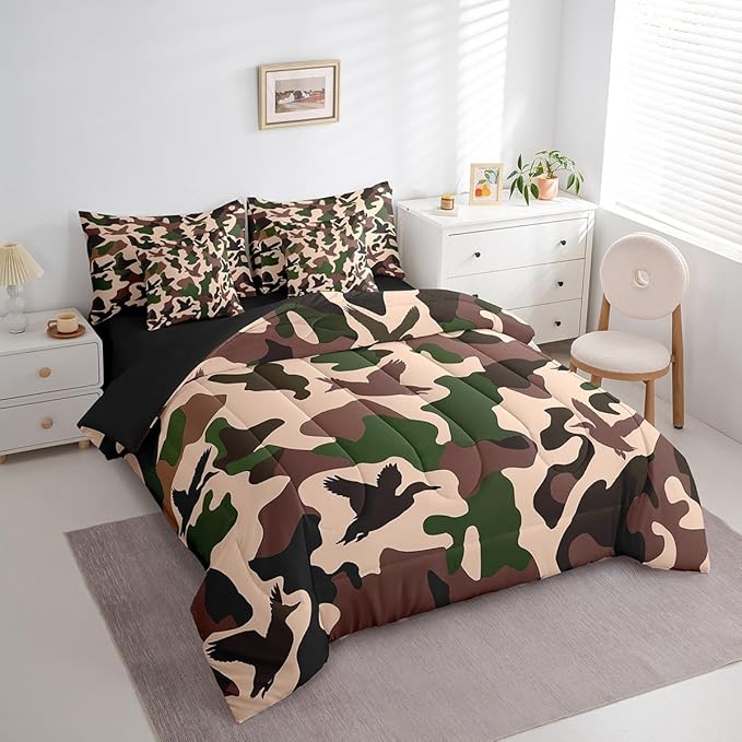 Erosebridal Hunting 7 Pcs Bed Set Full Size Camouflage Bedding for Kids Army Wild Duck Bed in A Bag Sheet Set Vintage Green Black Mallard Duck Bedroom Decor Wild Animal Duck Rustic Comforter Set