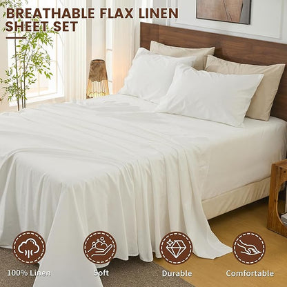 Bedlifes 100% French Linen Sheets Queen Size 18-24”Extra Deep Pocket 4-Piece Set Breathable & Moisture-Wicking,Soft & Durable Sheets for Thick Mattresses(White)
