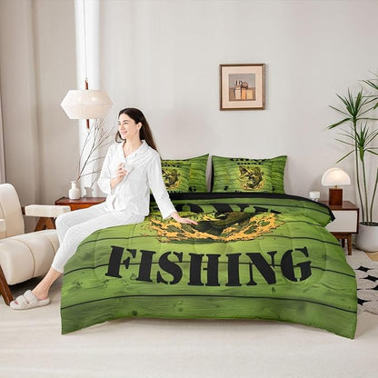 Erosebridal Big Pike Fish Hunting Green King 7-Piece Comforter Set | Wooden Print Underwater Sheets and Pillowcases Underwater Ombre Kids Boys Teens Bed in A Bag Vintage Retro Bed Sets