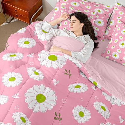 Feelyou Daisy Comforter Set with Sheets 7 Piece Twin Size Botanical Floral Printed Bed in a Bag Kids Boys Girls Blossom Flowers Pattern Bedding Set Pink Bedroom Decor Microfiber