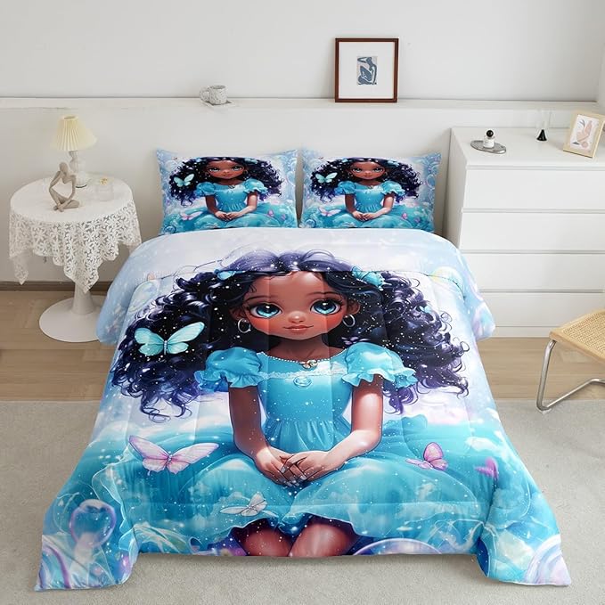 Pretty Girl Kids Twin Size Comforter Set,Dreamy Fairy Princess Style Cute Reversible Bedding Sets for Teens Bedroom Decor,Butterfly African Style Blue Black Quilted Duvet,1 Pillowcase