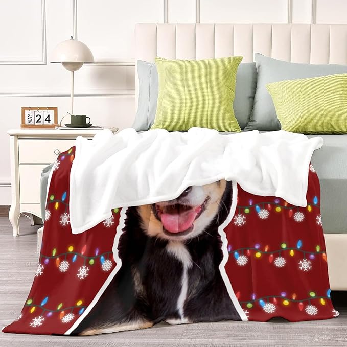 Personalized Christmas Blanket with Pet's Picture & Name, Custom Puppy Photo Collage Throw Blanket, Pet Memorial Blanket Gift for Cat & Dog Lovers, Gifts for Dog Mom & Dad