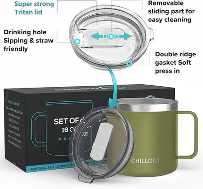 CHILLOUT LIFE Stainless Steel 16 oz (Set of 2) Vacuum Insulated Coffee Mug with Handle and Lid, Large Thermal Camping Coffee Mugs with Sliding Lid for Men & Women