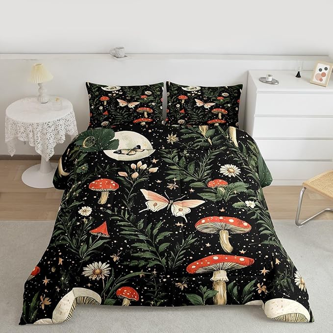 Erosebridal Red Mushroom Bedding Set Toddler for Kids, Gothic Moth Comforter Set Butterfly Vintage Plants Boho Floral Comforter for Boys Girls Teens Women Men, Moon and Starry Star Black Quilt