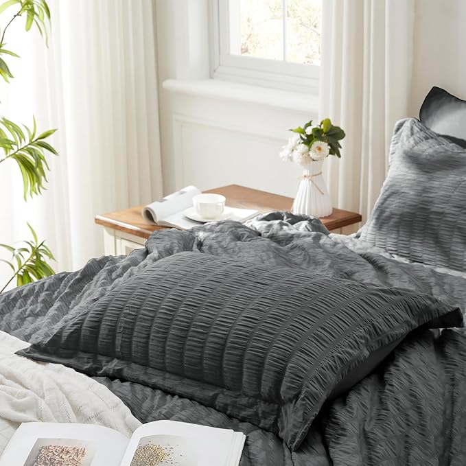 Zzlpp Queen Comforter Set 7 pieces, Dark Grey Seersucker Bed in a Bag with Comforter and Sheets, All Season Bedding Sets with 1 Comforter, 2 Pillow Shams, 2 Pillowcases, 1 Flat Sheet, 1 Fitted Sheet
