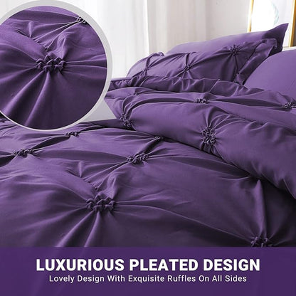 JOLLYVOGUE Purple Full Size Comforter Sets 7 Pieces, Pintuck Bed in a Bag Comforter Set for Bedroom, Bedding Comforter Sets with Comforter, Sheets,Ruffled Shams & Pillowcases