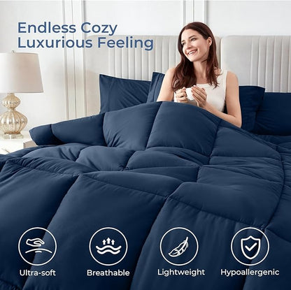 Sasttie King Size Comforter Set, 7 Pieces Bed in a Bag King, Complete Bedding Set Includes Comforter, Flat Sheet, Fitted Sheet, Pillowcases and Pillow Shams, Navy