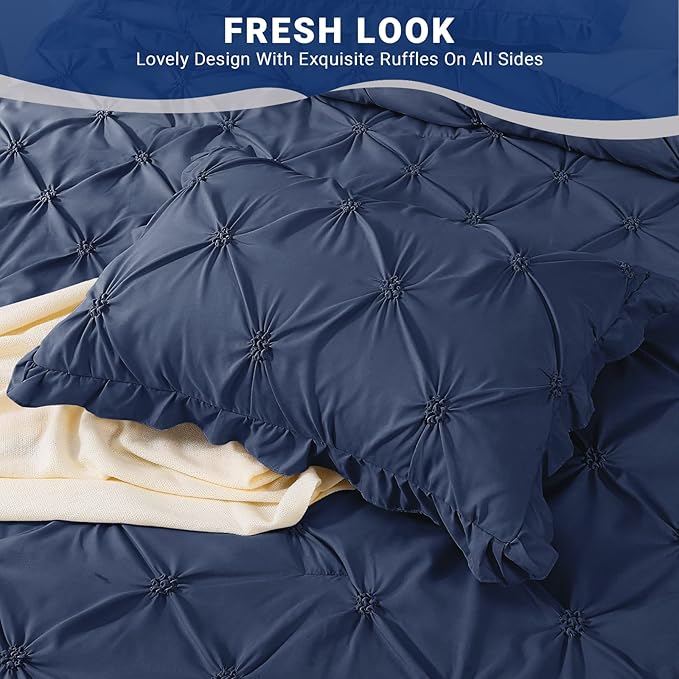 JOLLYVOGUE Navy Blue Twin Size Comforter Sets 5 Pieces, Pintuck Bed in a Bag Comforter Set for Bedroom, Bedding Comforter Sets with Comforter, Sheets,Ruffled Shams & Pillowcases
