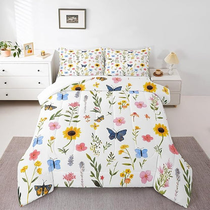 Manfei Wild Plants Comforter Set Full Size, Colorful Flower Butterfly Quilt Set with 2 Pillowcases, Botanical Floral Bedding Set 3pcs for Kids Girls Bedroom Decor Lightweight Duvet Insert