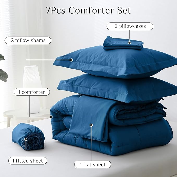 JOLLYVOGUE Full Comforter Set, Ultra-Soft Bed in a Bag Full Size 7 Pieces, Oeko-TEX Certified Bedding Set with Down Alternative Comforter, Sheets, Pillowcases & Shams, Teal