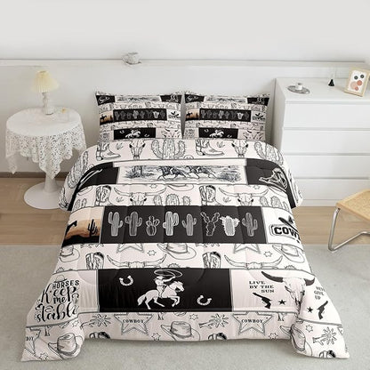 Western Cowboy Kids Comforter Set Twin Size,Cowboy Boots Horseshoe Farmhouse Bedding Set,Boys Girls Adults Room Decor,Cow Skull Cactus Rustic Down Comforter,Beige Retro Duvet Insert,1 Pillowcase