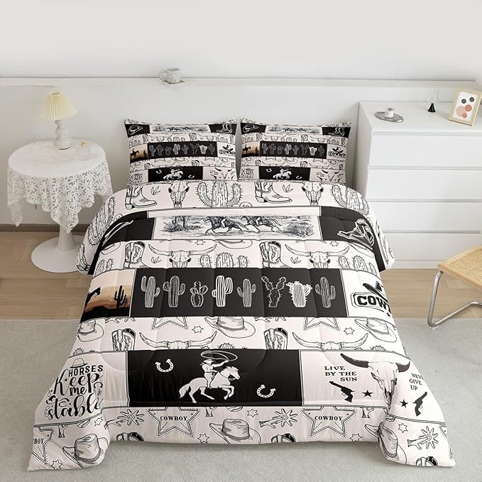 Western Cowboy Kids Comforter Set Full Size,Cowboy Boots Horseshoe Farmhouse Bedding Set,Boys Girls Adults Room Decor,Cow Skull Cactus Rustic Down Comforter,Beige Retro Duvet Insert,2 Pillowcases