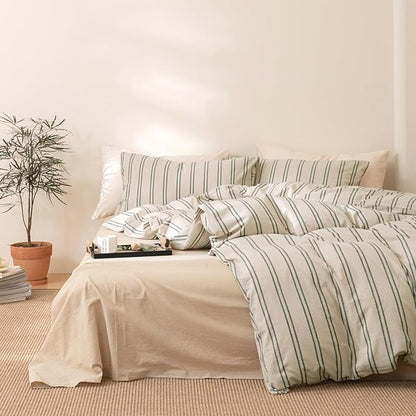 VM VOUGEMARKET Striped Comforter Set Twin XL Vertical Green Stripes Bedding Comforter with 2 Pillowcases Modern Cozy Lightweight Beige Comforter Set for Boys Students