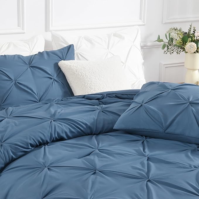 Andency Ocean Blue Pinch Pleat Comforter Full(79x90Inch), 3 Pieces(1 Down Alternative Comforter and 2 Pillowcases) Ocean Blue Bed Set Microfiber Pintuck Bedding Set