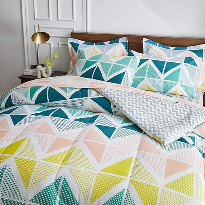 Green Yellow Bed in a Bag 7 Pieces King Size Comforter Sheet Set Triangles Print Microfiber Summer Soft Complete Bedding Set (1 Comforter 2 Pillow Shams 1 Flat Sheet 1 Fitted Sheet 2 Pillowcases)