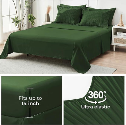 HYMOKEGE Dark Green Twin Comforter Set Seersucker 5 Pieces, All Season Luxury Bed in a Bag Queen for Bedroom, Bedding Set with Comforter, Sheets, Pillowcase & Sham