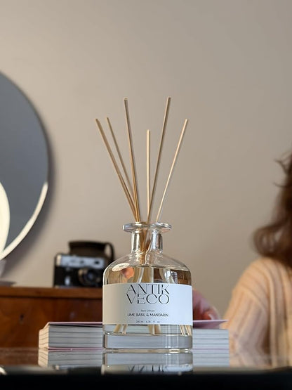 Lime Basil & Mandarin Reed Diffuser – Citrus & Herbal Diffuser for Home 6.7 fl oz – 8 Rattan Sticks – Premium Aromatherapy Oil – Elegant Glass Bottle – 90 Days Long Lasting Diffuser Set