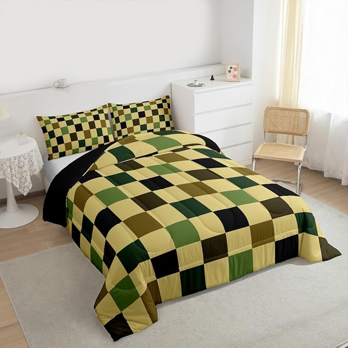 Feelyou Checkered Retro Comforter Set All Season Hunter Green Plaid Bedding Set with 1 Pillow Cases Geometric Camo Army Kids Twin Bedclothes Modern Hunting Groovy Aesthetic Bedroom Decor Duvet Quilt