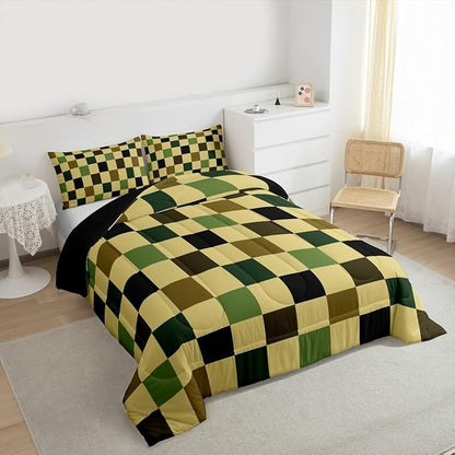 Feelyou Checkered Retro Comforter Set All Season Hunter Green Plaid Bedding Set with 2 Pillow Cases Geometric Camo Army Kids Full Bedclothes Modern Hunting Groovy Aesthetic Bedroom Decor Duvet Quilt