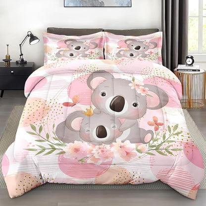 Comforter Set Twin Size, Cute Koala Bear 2 Pcs Soft Bedding Set for Kids and Adults, Floral Animal Flower Comforter Set with Pillowcase, for Bedroom Bed Decor