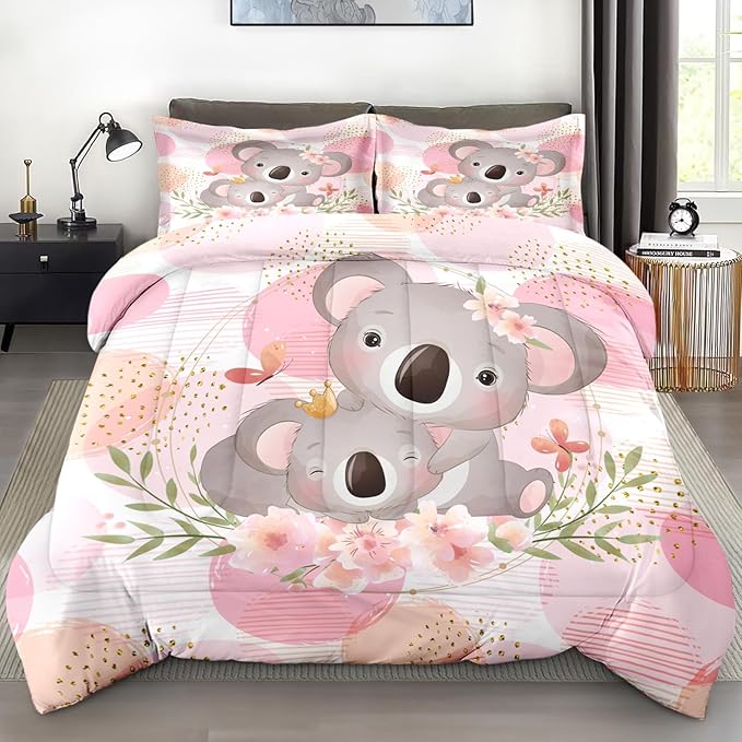 Comforter Set Queen Size, Cute Koala Bear 3 Pcs Soft Bedding Set for Kids and Adults, Floral Animal Flower Comforter Set with 2 Pillowcases, for Bedroom Bed Decor