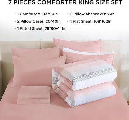 Andency King Size Comforter Set 7 Pieces - Pink Striped Lightweight Bed in a Bag, Fully Microfiber Bedding Breathable All Season Beddding Set with Comforter, Fitted & Flat Sheet, Pillowcases & Shams