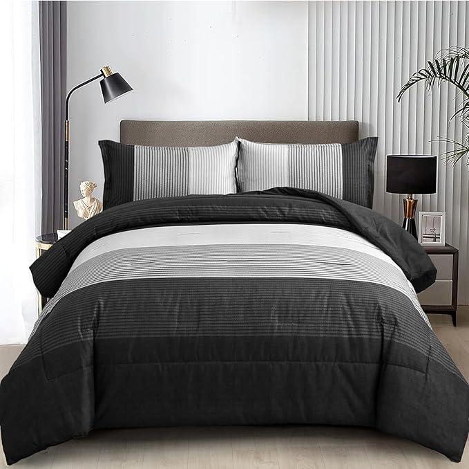 WONGS BEDDING Black Comforter Set Full, Reversible Black Grey Stripe Down Alternative Comforter for All Season,3 Pieces(1 Patchwork Comforter+2 Pillowcases), Soft Microfiber Bedding Set 78”×90”