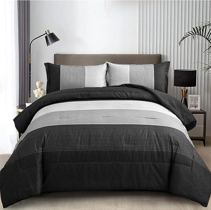 WONGS BEDDING Black Comforter Twin, Black Grey Striped Patchwork Down Alternative Comforter Set for Twin Bed, 2 Pieces(1 Comforter+1 Pillowcase), Soft Microfiber Bedding Duvet Insert 68"×86"