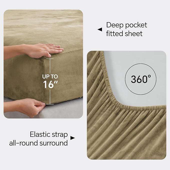 BEDELITE Flannel Sheets King Size Camel - Super Soft Fleece Sheets Set Fluffy Extra Plush, 4 Piece(Include Fitted Sheet, Flat Sheet, 2 Pillowcases)
