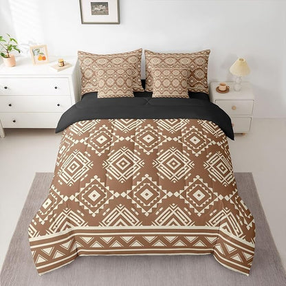 Erosebridal Western Aztec Bed in A Bag 7 Pcs Retro Native Southwestern Comforter Set for Women Men Rustic Ethnic Tribal Geometric Bedding Sets King Brown Exotic Bohemian Sheet Set with Comforter