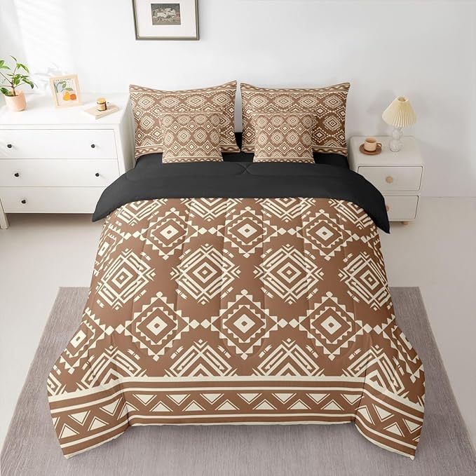 Erosebridal Western Aztec Bed in A Bag 7 Pcs Retro Native Southwestern Comforter Set for Kids Boy Girls Rustic Ethnic Tribal Geometric Bedding Sets Full Brown Exotic Bohemian Sheet Set with Comforter